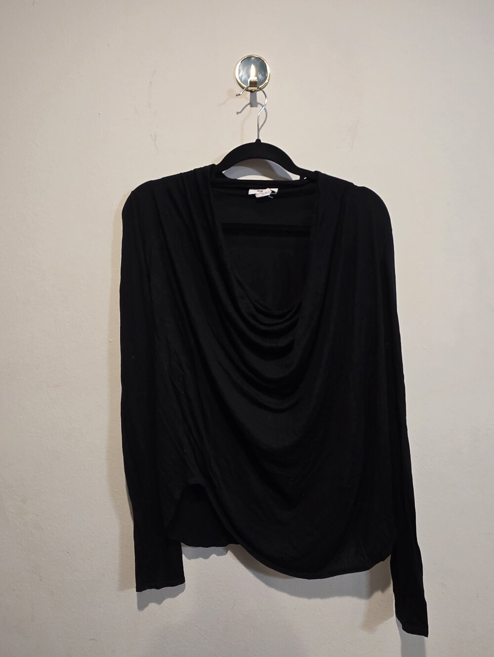 Helmut Lang Black Draped Cowl Neck Long Sleeve Top Asymmetrical Hem